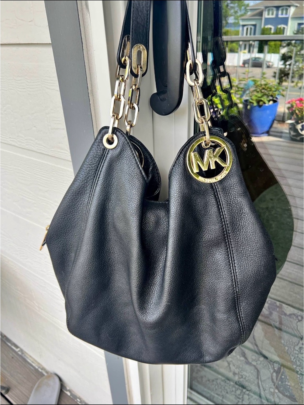 Michael Kors Black Pebbled Leather Hobo with Gold MK Charm